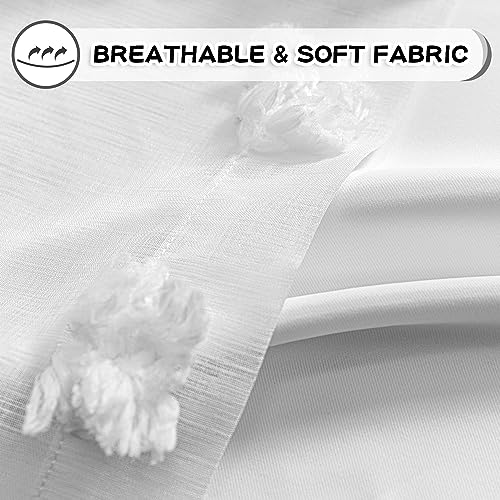 Image of MYSKY HOME White Curtains for Living Room 90 Inches Long Nursery Curtains for Bedroom Double Layer Curtains White Pom Pom Sheer Curtains for Dining Room Grommet Room Darkening Window Panels W52 X L90