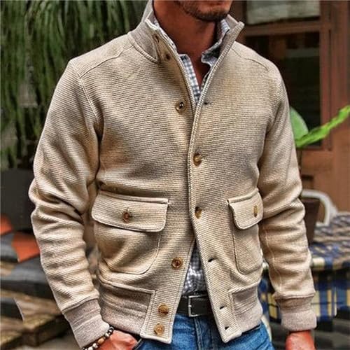 Mens Long Sleeve Stand Collar Button Up Cardigan Jacket Slim Fit Casual Coat Single Breasted with Button Pockets2