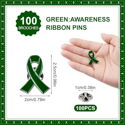 Image of WANDIC 100 Pcs Green Ribbon Pin, Mental Health Liver Cancer Bile Duct Cancer Environment Issue Awareness Ribbon Brooches Hope Faith Lapel Pin for Men Women Charity Event