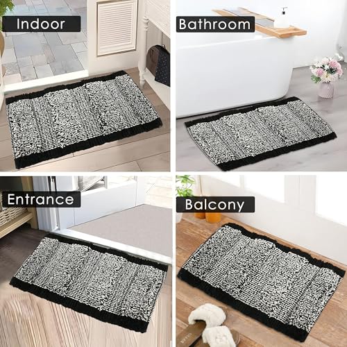 Image of Urbane Home Pack of 2 Anti-Skid Door Mats for Home | Soft, Washable Microfibre & Water Soaking Floor /Bathroom Mat - Black & White