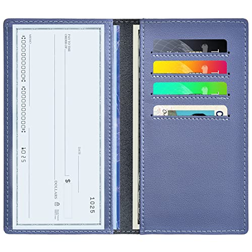 Checkbook Covers For Personal Duplicate Checks, Genuine Leather Checkbooks Register Cover Holder Wallets For Women & Men (Blue Gray) #TOP1