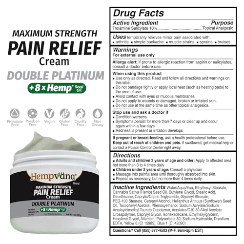 Hempvana Double Platinum Relief Cream. 8X Hemp Extract & Maximum Strength for Back, Neck, Knees, Shoulders & More. AS-SEEN-ON-TV. Odor-Free, Non-Greasy, Quickly Absorbs, 8X More Hemp, 4 Oz Jar