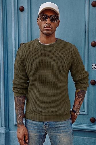 Image of ColorChakra Waffle Knit Mens Sweater Woolen Round Neck Wool Pullover