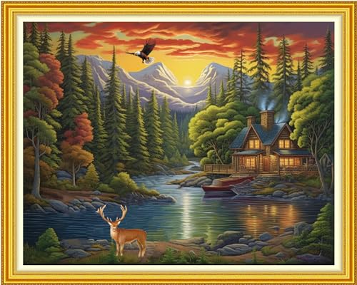 Image of Funxvoot Stamped Cross Stitch Kits Beginners Full Range of Embroidery Kits for Adults 11CT Embroidery Patterns Needlepoint Kits Printed Cross Stitch Kits-Cabin in The Woods 16x20 inch