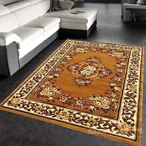 Image of Soft Thick Geometric Acrylic Washable Anti Skid Carpet. for Living Room Bedroom. Hall Size 6 x 8 feet (150X210 Cm) Gold D3