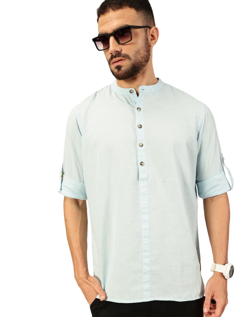 Thomas Scott Mens Linen Solid Kurta Shirt (Ts1529_Lightblue_L)
