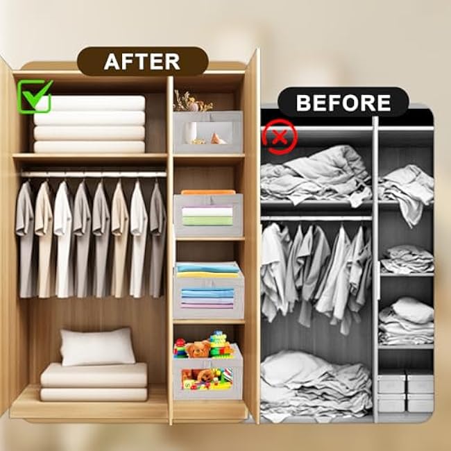 3 Pack Linen Organizer Storage Bins - Foldable Fabric Closet Storage Baskets with Clear Window for Organizer Clothes, Toys, Towels, Jeans, Books, Shelves, 16x11x7 (Beige)