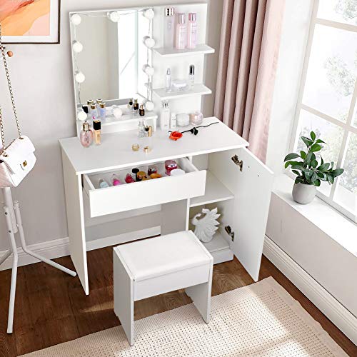 amzdeal Makeup Vanity Table Set with Lights, Vanity Desk with 3 Color Lighting Modes, Adjustable Brightness, 1 Large Drawer & 1 Storage Cabinet, Dressing Table for Girls Women, White - Thumbnail 2