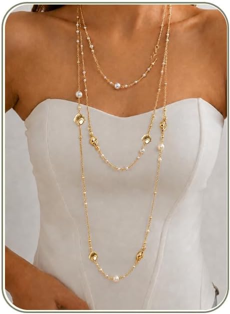 Layered Pearl Necklaces For Women - Silver Gold Pearls Beach Shell Necklace Stack Long Pearl Summer Necklaces For Women Trendy Silver Gold Shell Beach Summer Necklace Stack Jewelry