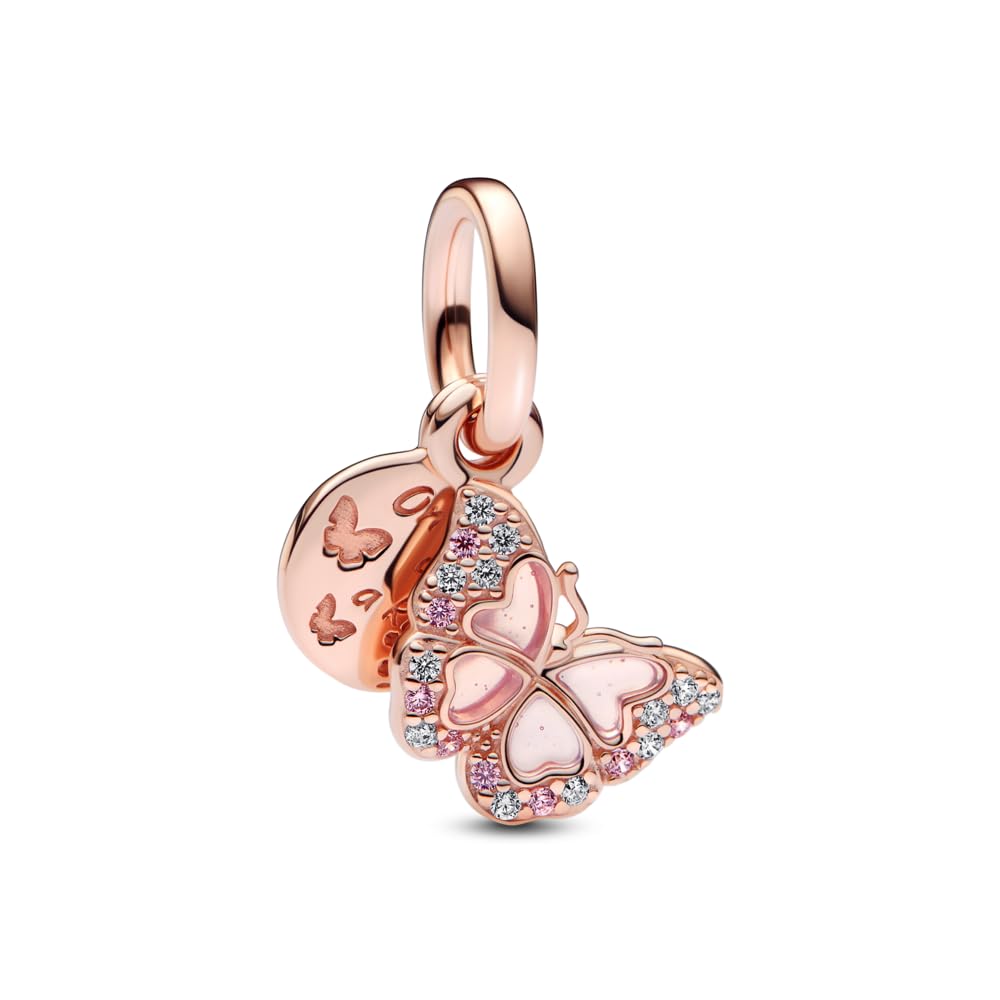 PANDORA Pendente a forma di farfalla Moments, placcato in oro rosa 14 k, con zirconi cubici rosa e trasparenti, plica rosa trasparente smaltata