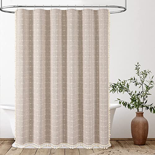 Image of BTTN 96 Inch Extra Long Shower Curtain, Boho Chic Linen Water-Repellent Fabric Shower Curtain Set with Plastic Hooks, Tall Vintage Farmhouse Tassel Cloth Shower Curtains for Bathroom, Tan /Taupe, 72x96