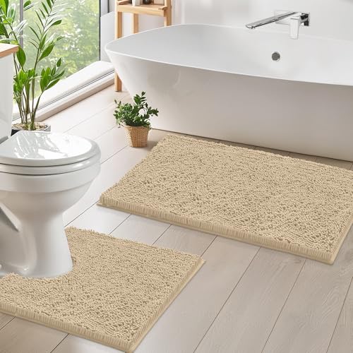 LuxUrux Bathroom Rugs Sets 2 Piece: Quick Dry, Soft Plush Anti-Slip, Super Absorbent. Includes Rectangular (31x20 inches) & U-Shaped Toilet Mat (20x20 inches) | Birch