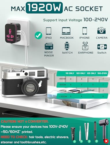 Image of Universal Travel Adapter Worldwide, TECSIX European Travel Plug Adapter with 2 USB C, 2 USB A and Multi AC Outlets, International Power Converter for EU US UK AUS 200+ Countries Type A C G I