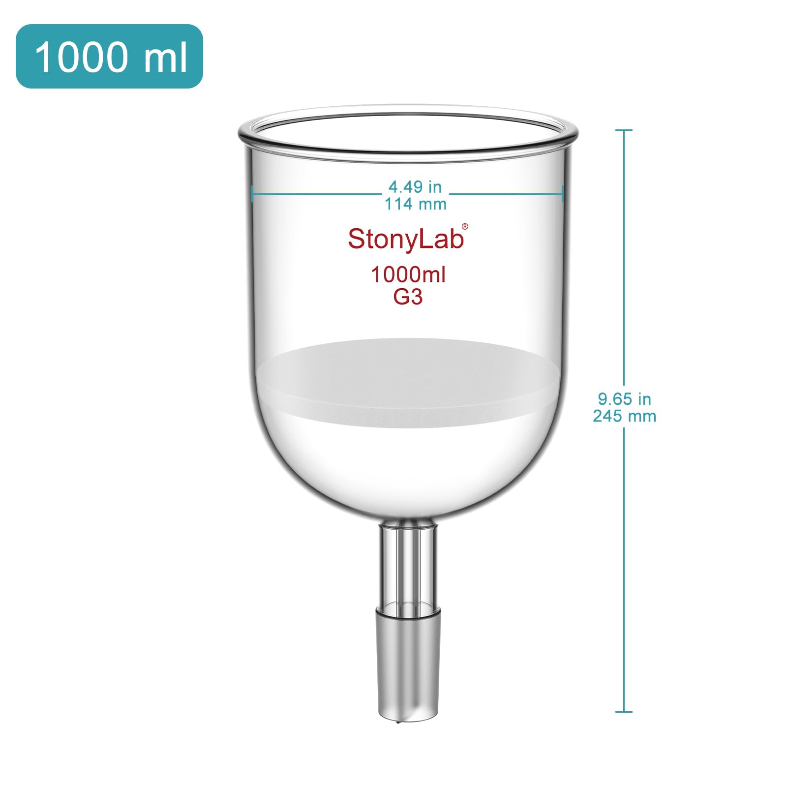stonyLab Imbuto di Filtrazione Buchner in Vetro Borosilicato con Disco di Filtro Fine (G3) e Giunto Standard Inferiore 24/40, 1000 ml