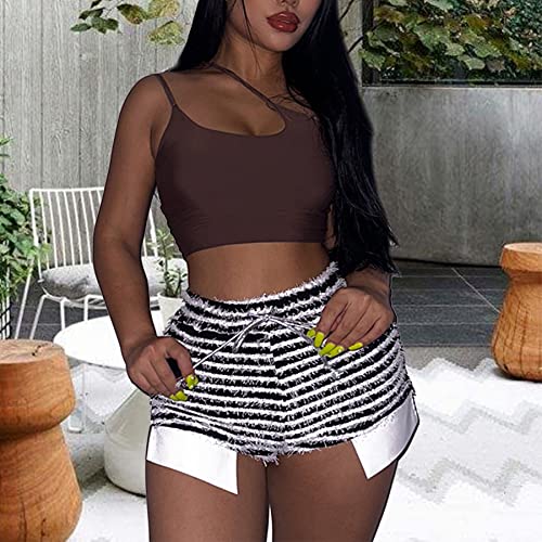 Dingang Women Cute Yoga Shorts Black And White Striped High Waist Y2K Hollow Out Short Pants Bottoms #TOP3
