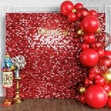 Qcity Red Shimmer Wall Backdrop, 36PCS Square Sequin Glitter Backdrop Panel for Birthdays, Wedding, Anniversary, Graduation, Engagement, Baby Shower and Disco Party Decoration