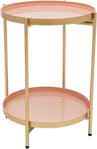Mesa auxiliar de metal de 2 niveles, mesas auxiliares redondas pequeñas, mesita de noche impermeable para interiores y exteriores con bandeja