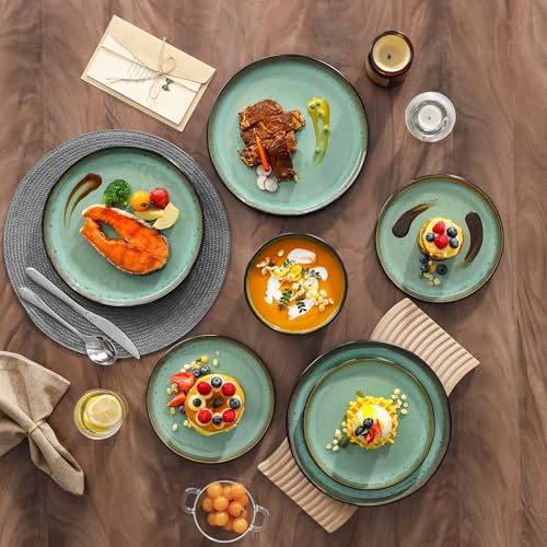 Image of vancasso Plates and Bowls Sets, 24 Pieces Stoneware Dinnerware Sets for 8, Kitchen Dish Set Mircowave and Dishwasher Safe Ceramic Dishware, Turf Green, Series AMBER