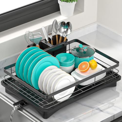 Vepsens Small Dish Drying Rack for Kitchen Counter with Drainboard & Utensil Holder, Metal Dish Drainers for Kitchen with Adjustable Drain Spout, Ideal Dishes Strainers for Singles or Couples (Black)