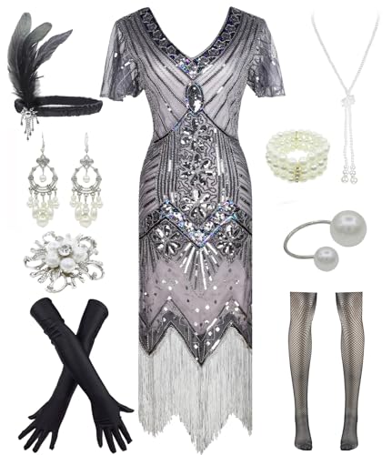 Image of Women 1920s Gatsby Vintage Sequin Flapper Fringe Party Plus Dress with 20s Accessories Set