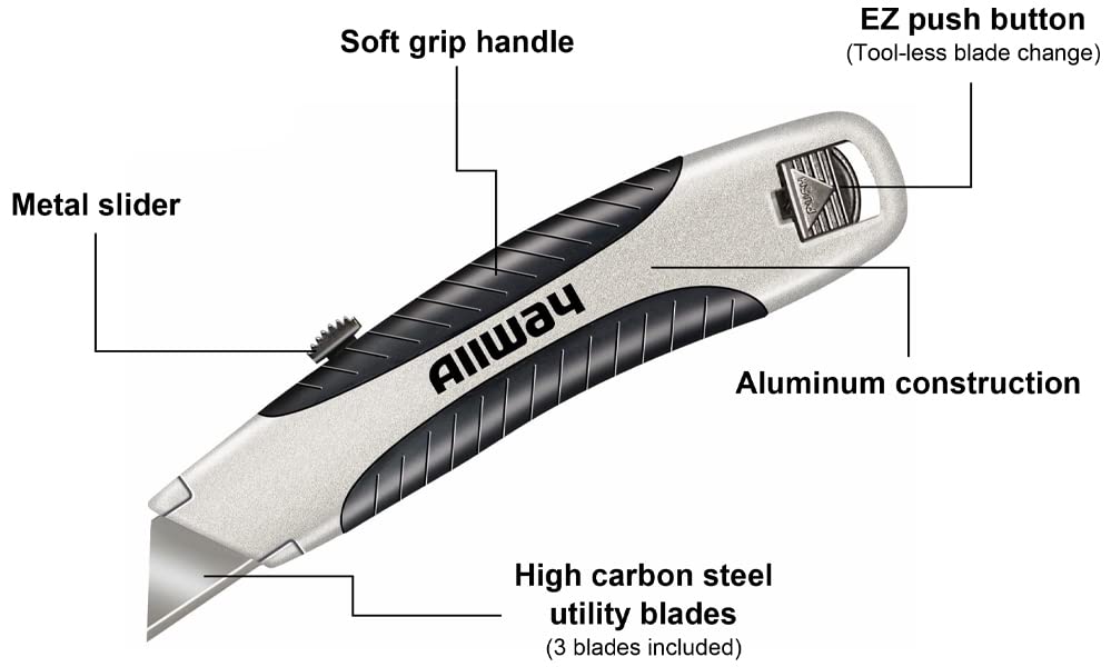 Image of ALLWAY RSK Soft-Grip Retractable Utility Knife with 3 Blades | Easy Blade Change