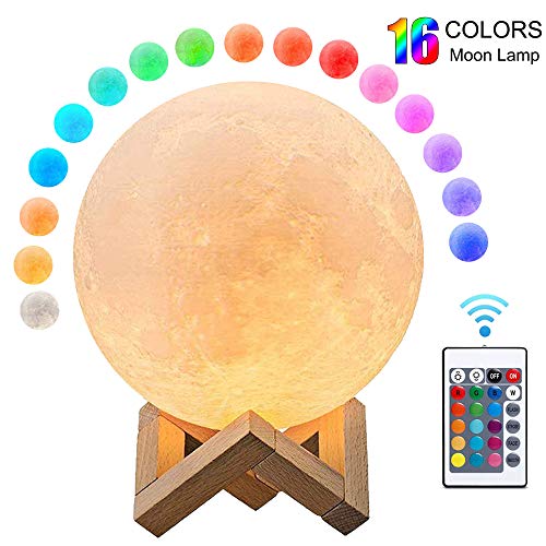 3D Full Moon Lamp 5.9 Inch,Mayround LED Lunar Moon Night Light Modern Lamp [Remote Control][USB Charging][Free Wooden Stand][16 Colors] Home Decor Christmas Gift for Kid,Children,Friends (15cm)