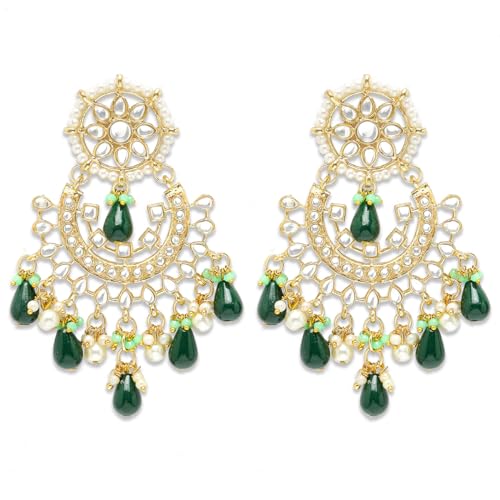 Image of Karatcart Gold Plated Green Crystal and Pearl Studded Kundan Rani-Haar Necklace Set for Women