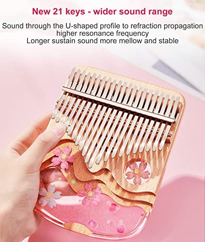 BOTOWI 21 Key Daumenklavier Crystal Kalimba, Transparentes Acryl C-Ton mit Eva-Tasche, 17 Tasten Fingerklavier Musical Geschenk, Aufkleber, Stimmhammer, Reinigungstuch,21keys Sakura