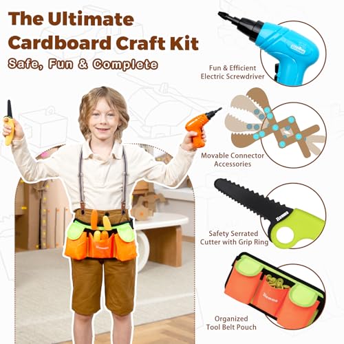 Image of Kids Cardboard Construction Tool Set with Electric Drill & Tool Belt -258PCS, STEM Building Kit for Creative Craft Projects, Educational DIY Engineering Toy for Boys & Girls