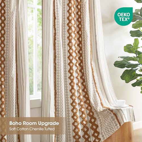 Image of Ink+Ivy Boho Curtains for Bedroom Single Panel Window Curtains for Living Room, 100% Cotton Tufted Chenille Stripe Modern Farmhouse Curtains Light Filtering Drapes for Bedroom, 50 inch x 95 inch, Terracotta