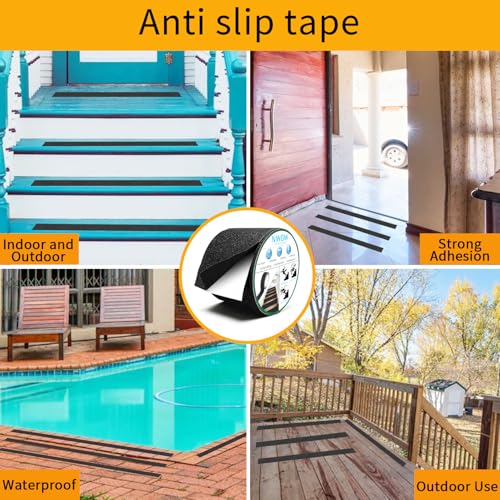 Image of Black Anti-Slip Stair Treads Tape,2 inch x50FT Heavy Duty PVC Non-Skid Grip Tape for Wooden Steps, Indoor /Outdoor Stairs, Pool Decks - Peel & Stick Waterproof Safety Traction