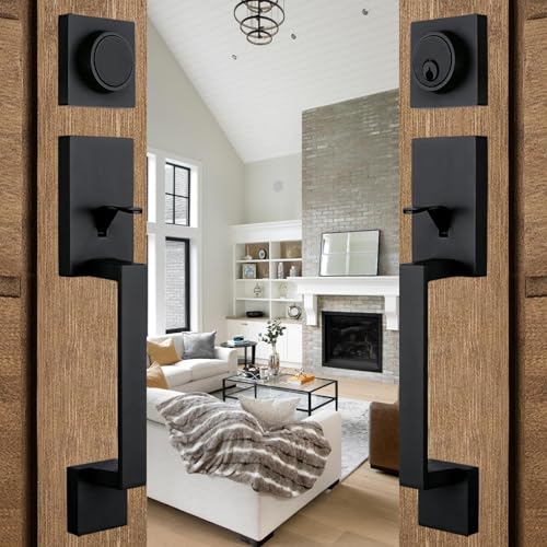 Image of NEWBANG Front Double Door Traditional Style Keyed Entry Door Handleset with Lever Handle in Matte Black,(Keyed and Dummy Set),MDHST2010DB-SET-BR-TMC