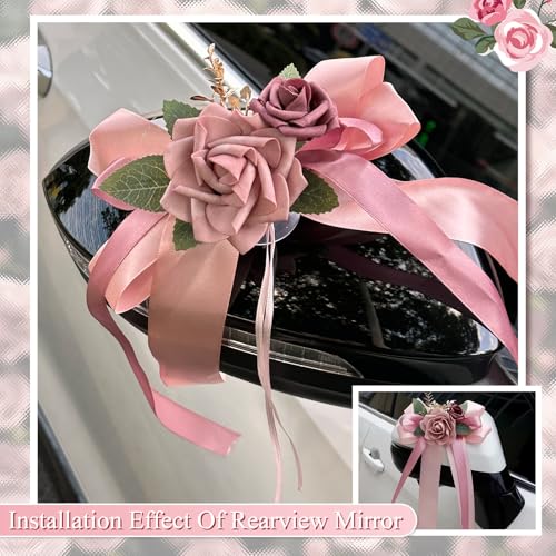Image of 4PCS Wedding Car Door Handle Decorative Flowers, White Artificial Cars Bouquet Flower Bowknot Ribbon Decor, Just Married Automotive Decorations Accessories for Door Handles( Two Flower Pink)