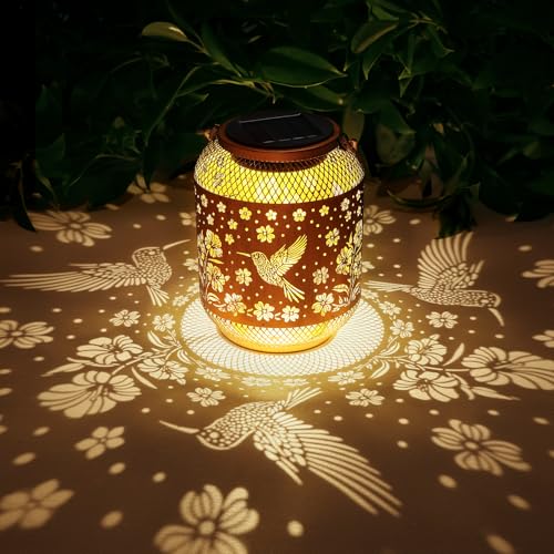 Image of 2 Pack Solar Lanterns Outdoor Waterproof Hummingbird Garden Decor Birthday Gifts for Women Mom Grandma Hanging Solar Lights Metal Decoration Outside for Yard, Patio, Backyard, Porch, Pathway