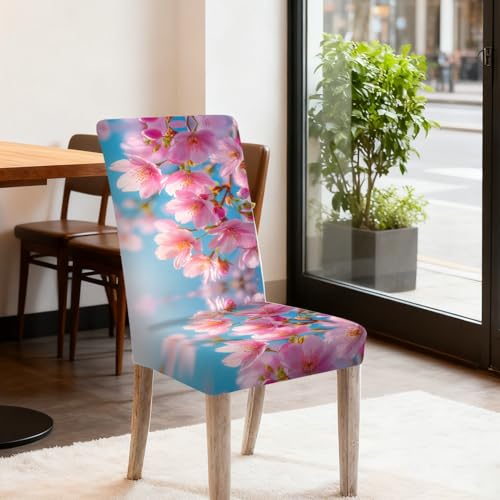Image of Nuxovilar 4PCS Pink Cherry Blossom Print Milk Silk Seat Covers | Stretch Slipcover Furniture Protector Blossom Wrap Seat Guard Dining Room Spring Brunch Indoor (Cherry Blossom)