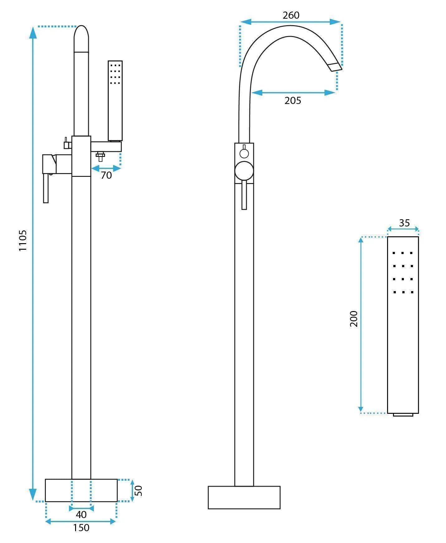 Rea - Bateria wannowa podłogowa Lungo Tytan - 26 x 20,5 x 110,5 cm