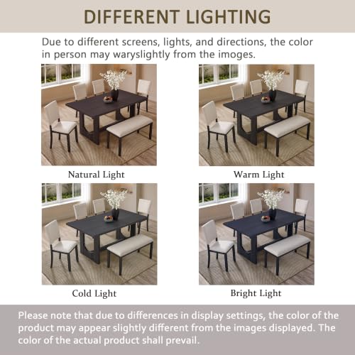 Image of LUMISOL 6 Piece Farmhouse Dining Table Set, Solid Wood Dining Table with 4 Upholstered Chairs and Bench, U-Shaped Base Kitchen Set for Dining Room, Kitchen, Antique Black + Beige