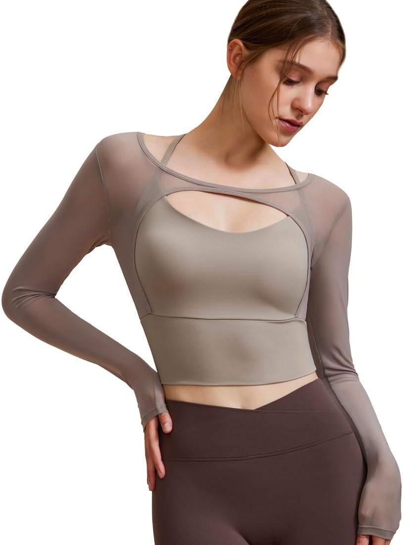 Harssidanzar Long Sleeve Yoga Shirts for Women Mesh Gym Athletic Tops Workout Shirts with Sports Bra CL304US - Image 2