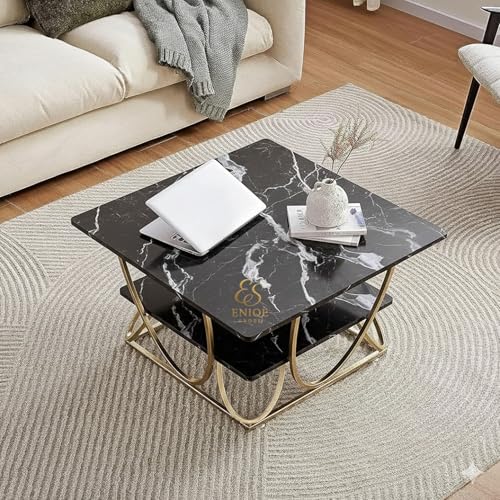 Image of Coffee Table Contemporary Sofa Side Table with Gold Frame for Living Room End Table Telephone Table with Two Shelves for Storage on a Wooden Tabletop.(Square Black Gold)