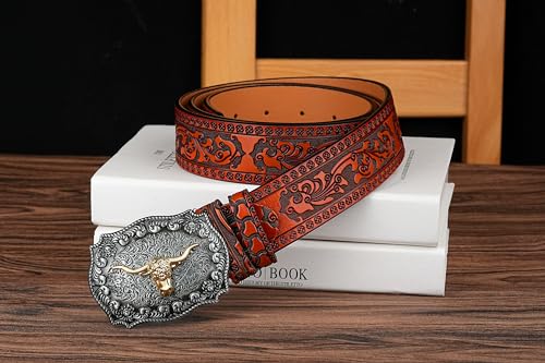 Western Leather Buckle Belts for Men Women- Longhorn Bull Cowboy Cowgirl Leather Belt for Jeans3