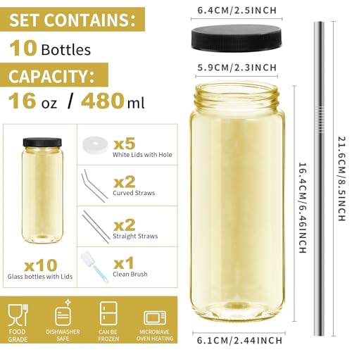 Image of Ruckae Gold 16oz 10 Pack Juice Bottles, Glass Bottles Juicing with Lids, Smoothie Cup Lids and Straws, Water Bottle Mason Jar Drinking Glasses for Juicing, Smoothies, Kombucha