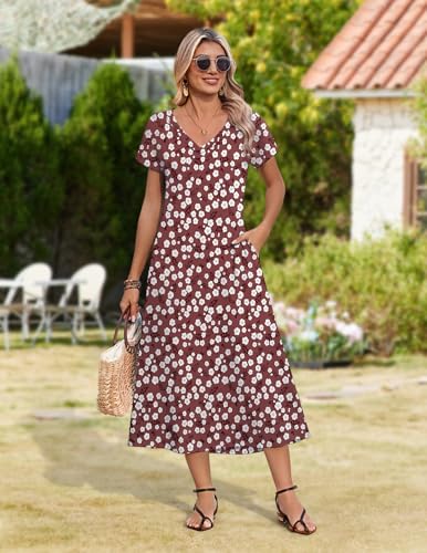 Image of Zeagoo Women Summer Floral Dress Short Sleeve Beach Dress with Pockets Casual V-Neck Split Long T-Shirt Dress Travel Vacation