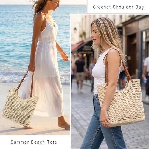 Image of Bycobecy Woven Tote Bag for Women, Summer Beach Bag Large Crochet Shoulder Purse Handbag Boho Knit Bag for Summer Travel