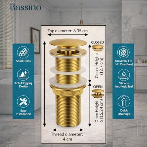 Image of BASSINO Premium 6 Inch Brass Waste Coupling /Washbasin Drainer /Rust-Proof Pop-Up for Basin /Drain Stopper for Tabletop, Wall-Mount & Pedestal Wash Basins(Golden Matt Finish)