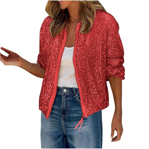 Women's Sequin Bomber Jacket Long Sleeve Zip Up Sparkly Glitter Shiny Party Coat Ladies Casual Holiday Outwear