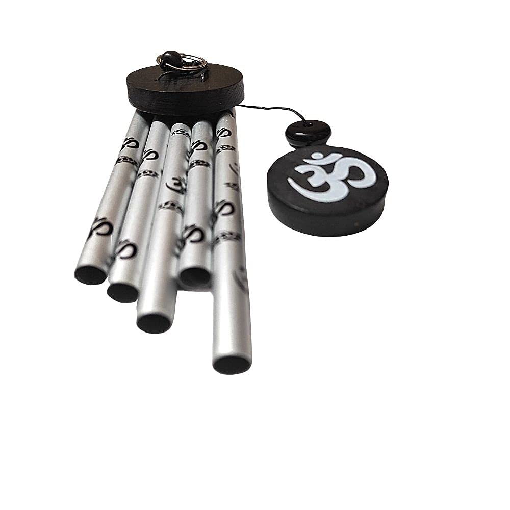 Ripe India Feng Shui Om Vastu Five Pipe Wind Chime for Balcony Window and Om Wind Chime Silver Color Positive Energy 45 cm