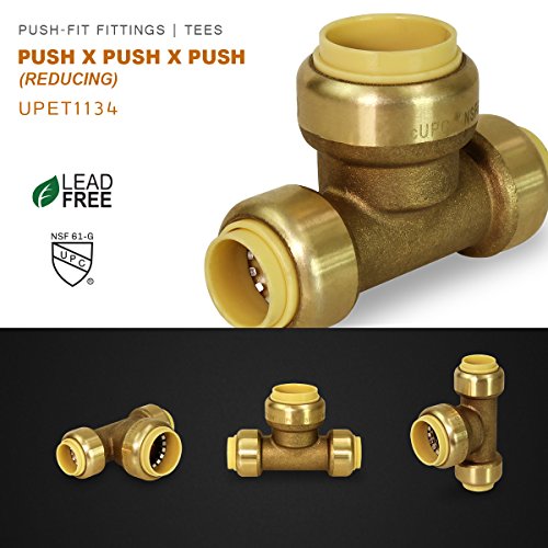 Pushlock UPET1134 Reducing Tee Pipe Fittings Push to Connect Pex Copper, CPVC, 1 Inch x 1 Inch x 3/4 Inch, Brass - Thumbnail 7