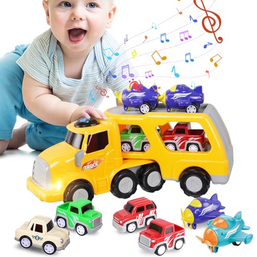 SAFONUS 7 en 1 Carritos Juguetes para Niño, Camión de Transporte de Coches con Luz y Sonidos, con 4 Mini Coches y 2 Mini Avión, Juguetes Carros para Niños,...