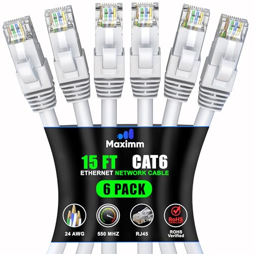 Maximm Cat 6 Ethernet Cable 15 ft (6-Pack) - High-Speed LAN Cable, Internet Cable, Patch Cable, and Network Cable - UTP, 10Gbps, 550MHz Ethernet Cord - White