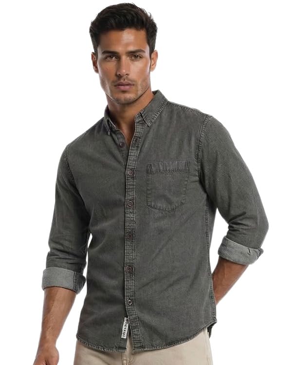 Image of Amazon Brand - INKAST Men Washed Cotton Twill Denim Casual Button Down Shirt | Full Sleeves | Regular Fit | Stylish Summer - Everyday Wear